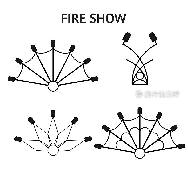 Flat design elements of fire show. Set with accessories and equipment. Flame circus Instrument isolated. devices. Fans, stuff and poi